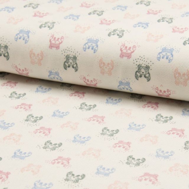 Coupon Tissu Jersey Piqué de coton spécial Polo Crabes Multicouleurs sur fond Ecru - Coupon de 180 cm