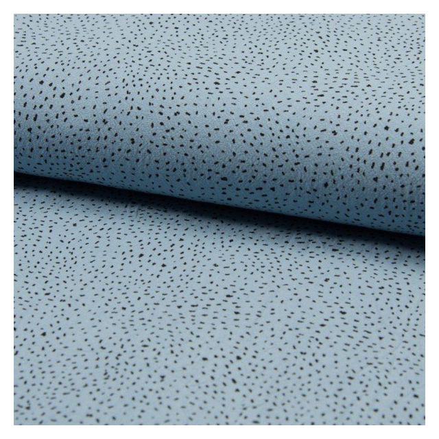 Tissu Coton lavé  Confettis noirs sur fond Bleu gris - Par 10 cm