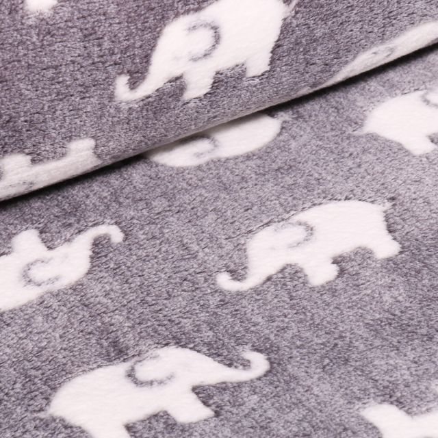 Tissu Doudou Baby éléphants sur fond Gris galet