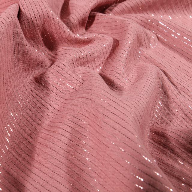 Tissu Double gaze Rayures lurex Vieux rose - Par 10 cm