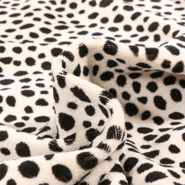 Tissu Jersey Velours tout doux Dalmatien sur fond Ecru