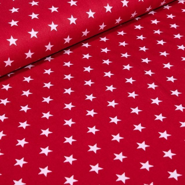 Tissu Coton imprimé Etoiles blanches sur fond Rouge - Par 10 cm
