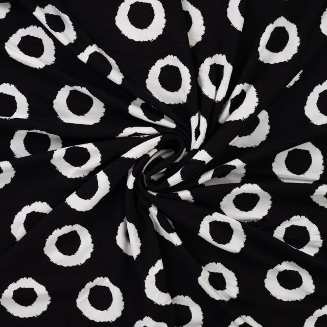 Tissu Jersey Viscose Iris Cercles Noir et Blanc sur fond Noir