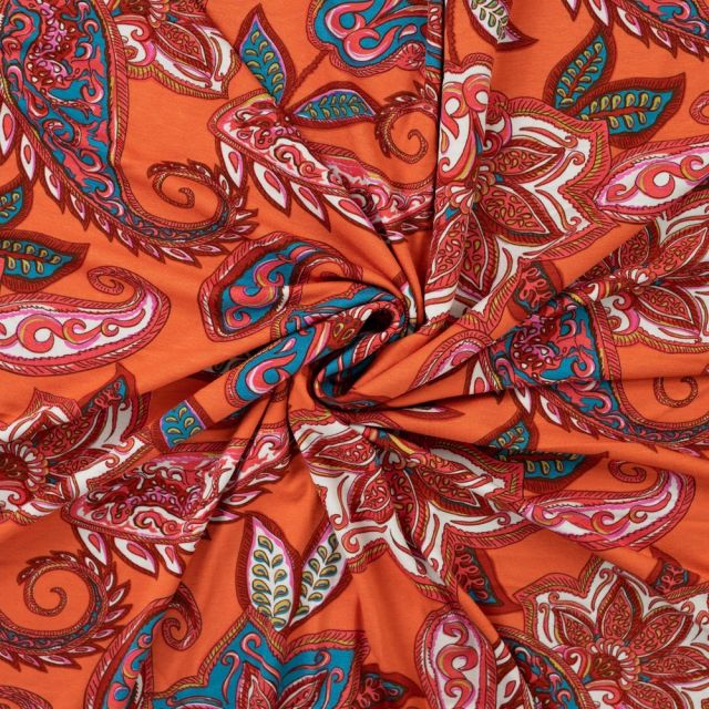 Tissu Jersey Viscose Kasmira Floral  Bohème sur fond Orange