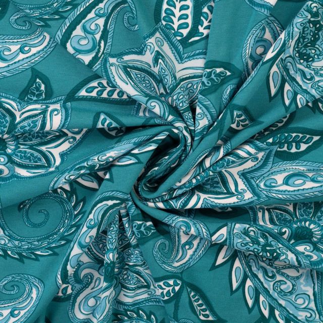Tissu Jersey Viscose Kasmira Floral  Bohème sur fond Vert canard