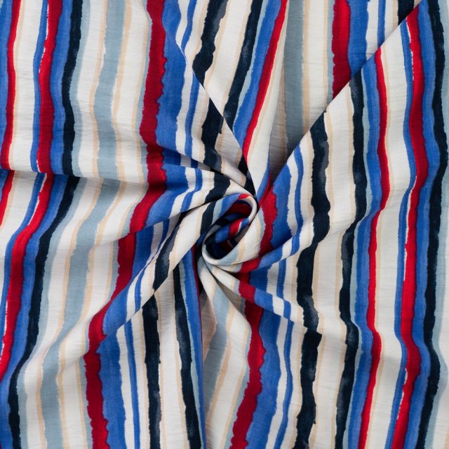 Tissu Viscose texturé Rayures Aquarelle Bleu & Rouge sur fond Ivoire