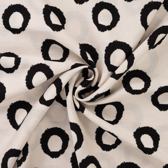 Tissu Viscose texturé Cercles Blanc et Noir sur fond Ecru