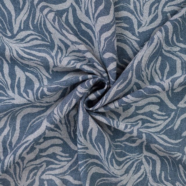 Tissu Viscose texturé Feuillage Organique sur fond Bleu denim