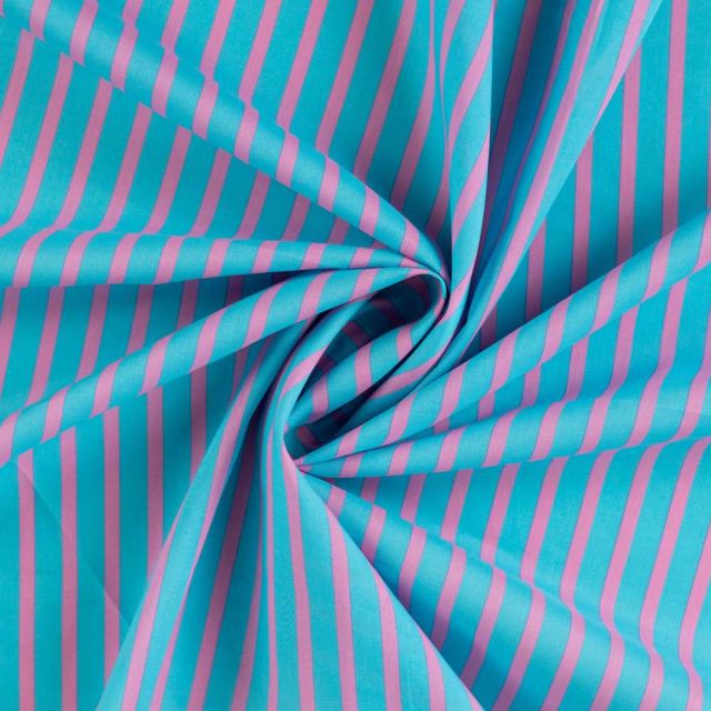 Tissu Voile de Coton Rayuré Rose sur fond Bleu turquoise