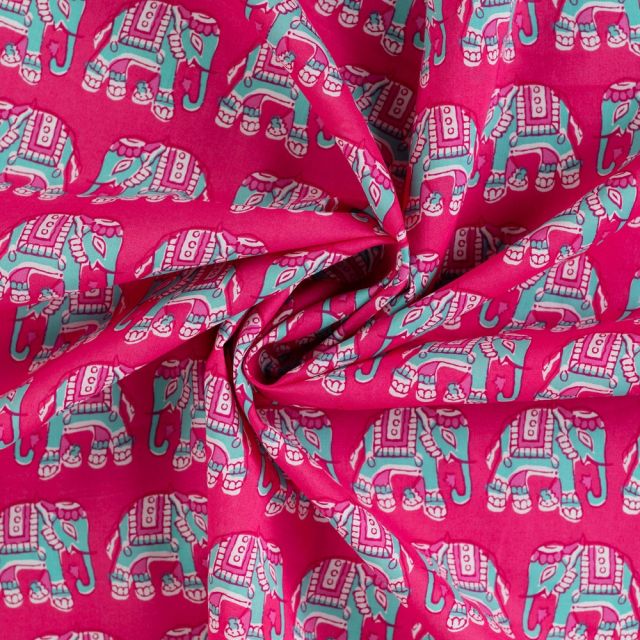 Tissu Voile de Coton Eléphant turquoise sur fond Rose fuchsia