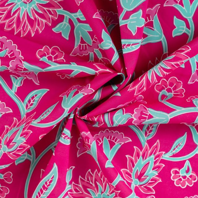 Tissu Voile de Coton Floral Jaipur sur fond Rose fuchsia