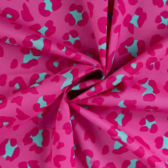 Tissu Voile de Coton Léopard Pop Turquoise sur fond Rose fuchsia