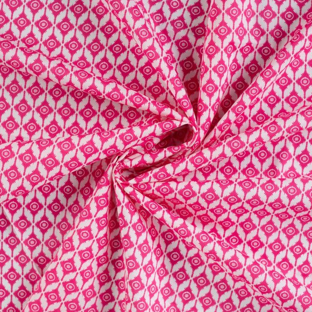 Tissu Voile de Coton Ikat fuschia éclatant sur fond Blanc