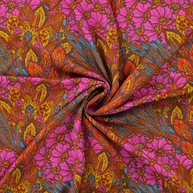 Tissu Viscose imprimé Végétal luxuriant sur fond Bleu