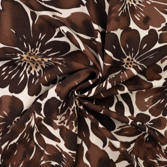 Tissu Viscose imprimé Fleurs marron sur fond Ecru