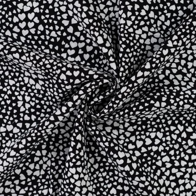 Tissu Viscose imprimé Petits coeurs blancs sur fond Noir
