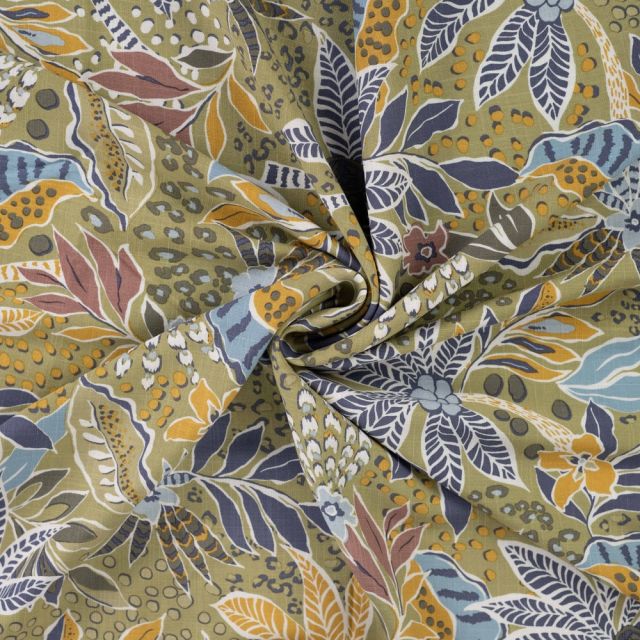 Tissu Viscose extensible Floral exotique sur fond Vert olive