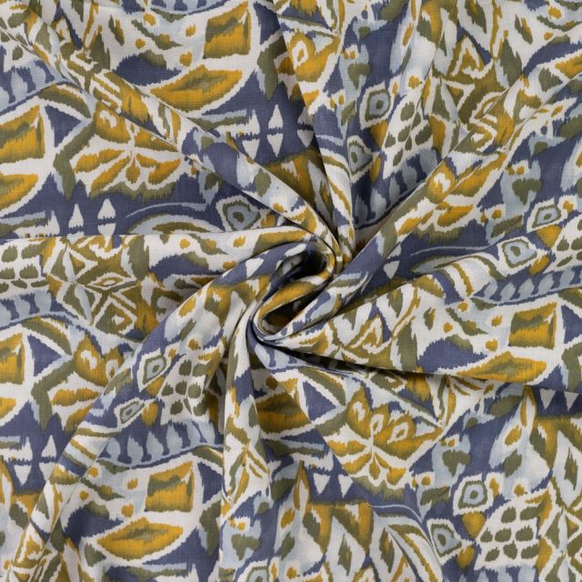 Tissu Viscose extensible Ethnique végétal sur fond Parme