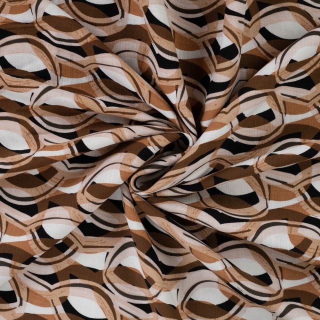 Tissu Viscose extensible Maillons stylisés sur fond Camel