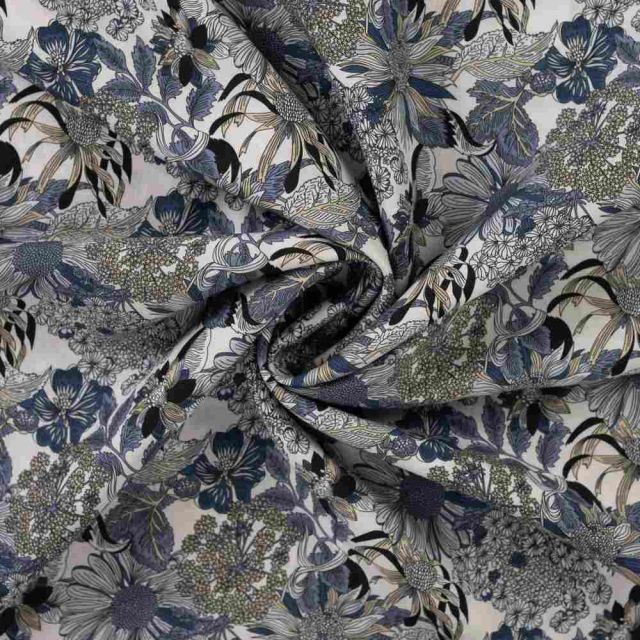 Tissu Tencel Lin Lana fleurs vintage tons Bleu sur fond Blanc cassé