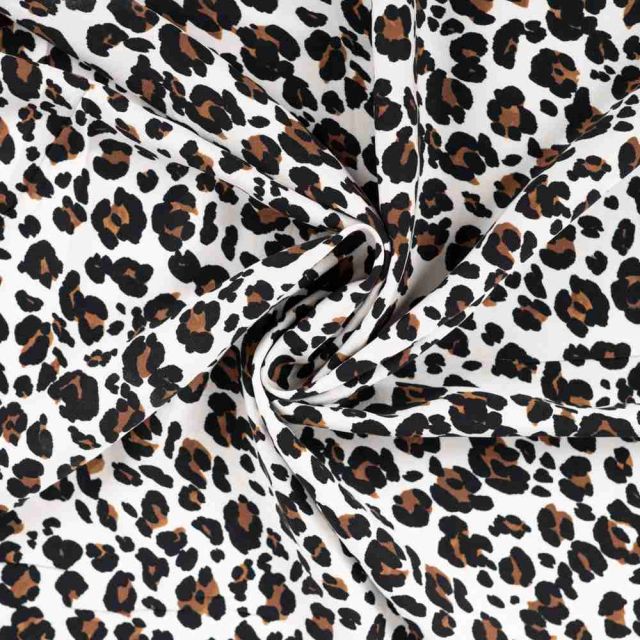 Tissu Viscose  Lyana motif léopard Marron sur fond Blanc