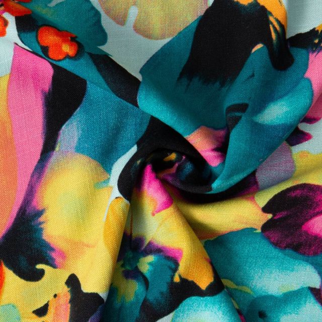 Tissu Viscose Calandra stretch fleurs tropicales sur fond Multicolore