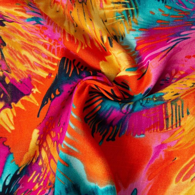 Tissu Viscose Maribelle stretch fleurs abstraites Fuchsia sur fond Multicolore