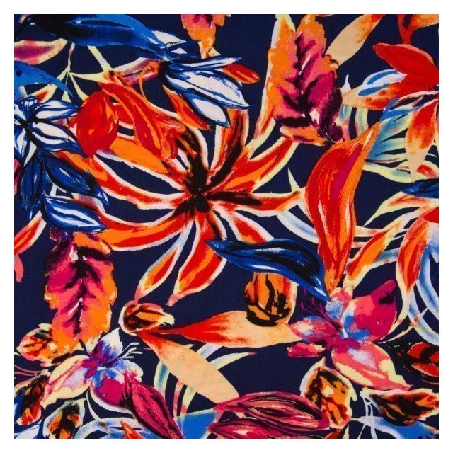 Tissu Viscose Grandes fleurs estivales sur fond Bleu marine - Par 10 cm