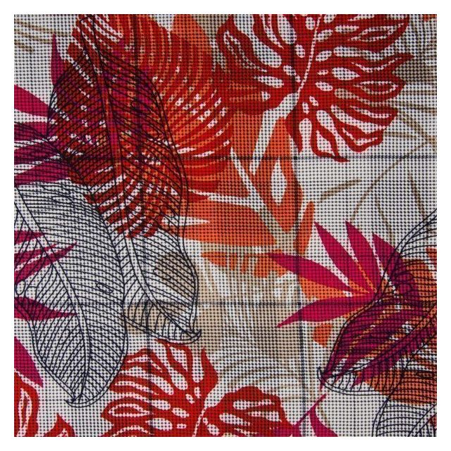 Tissu Viscose imprimé pied de poule Feuilles exotiques sur fond Blanc - Par 10 cm
