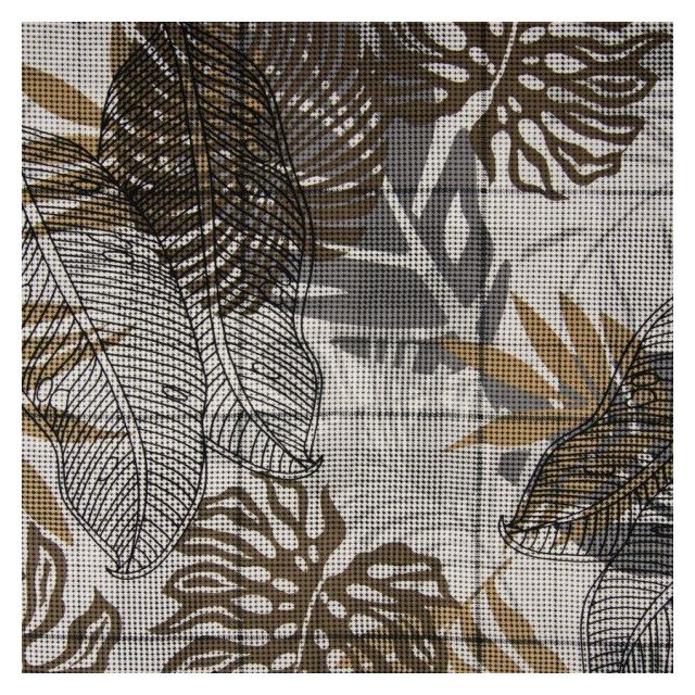 Tissu Viscose imprimé pied de poule Feuilles exotiques sur fond Blanc - Par 10 cm