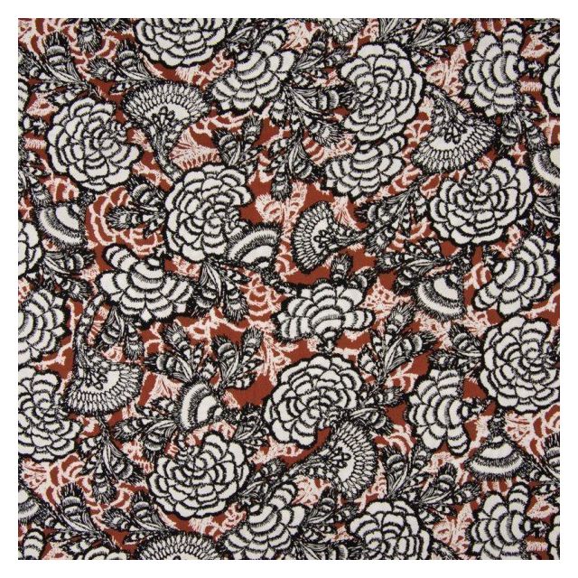 Tissu Viscose imprimé Fleurs et éventails noirs et blancs sur fond Terracotta - Par 10 cm