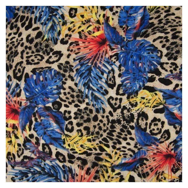 Tissu Viscose toucher crêpe imprimé léopard Feuilles exotiques orange et bleues sur fond Beige sable - Par 10 cm