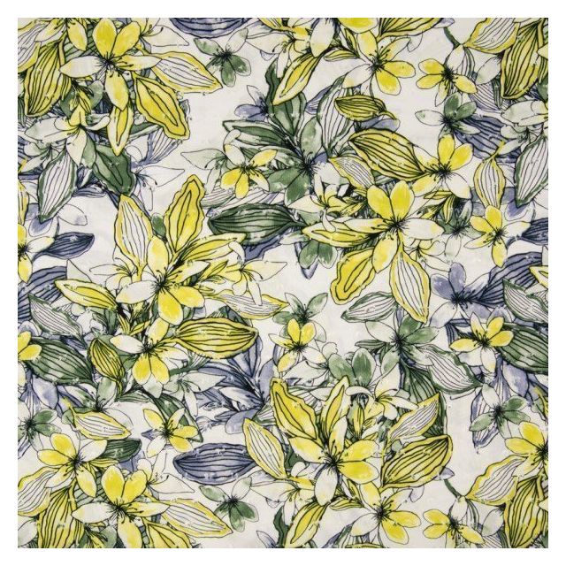 Tissu Viscose plumetis imprimé  Fleurs de lys jaunes, bleues et vertes sur fond Blanc - Par 10 cm
