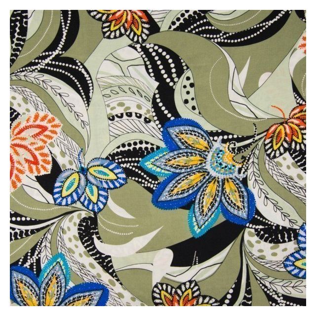 Tissu Viscose Fleurs multicolores et motifs abstraits noir et blanc sur fond Vert kaki clair - Par 10 cm