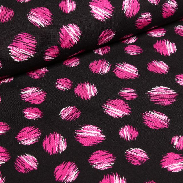 Tissu Viscose Twill Pois destructurés rose sur fond Noir