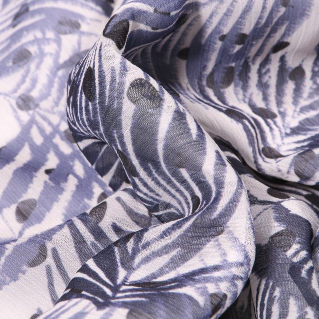 Tissu Mousseline Crépon  Feuilles et pois sur fond Bleu foncé