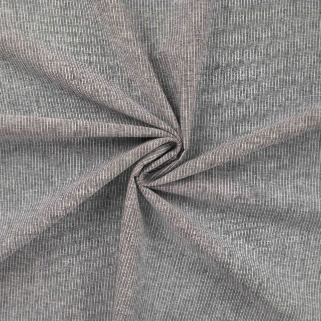 Tissu Lin Coton rayé blanc sur fond Gris chiné