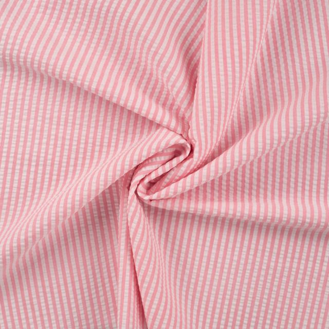 Tissu Popeline de Coton Seersucker Rayé Rose bébé