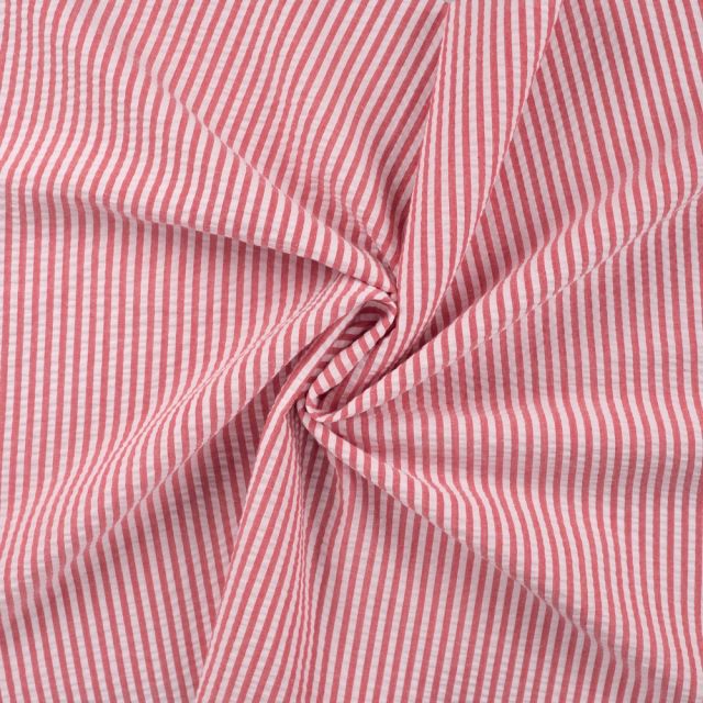 Tissu Popeline de Coton Seersucker Rayé Rouge