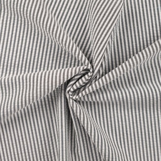 Tissu Popeline de Coton Seersucker Rayé Noir