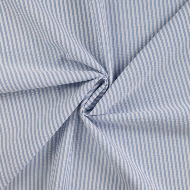 Tissu Popeline de Coton Seersucker Rayé Bleu clair