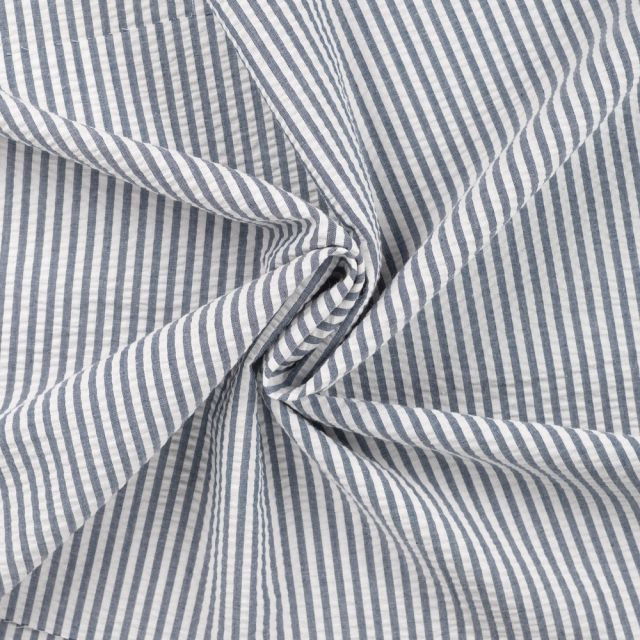 Tissu Popeline de Coton Seersucker Rayé Bleu marine