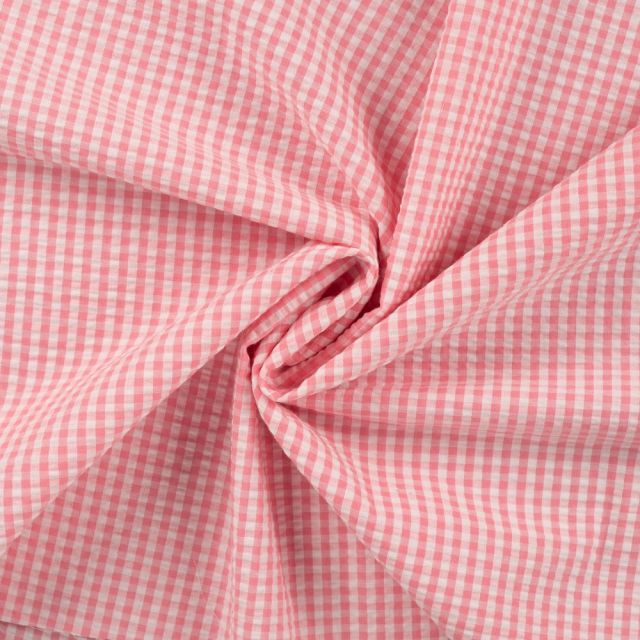 Tissu Seersucker Coton Vichy Rose clair sur fond Blanc