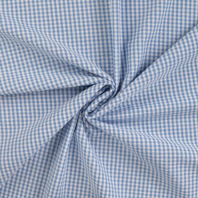 Tissu Seersucker Coton Vichy sur fond Bleu clair