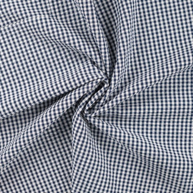Tissu Seersucker Coton Vichy sur fond Bleu marine