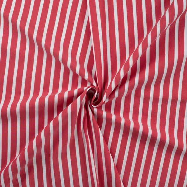Tissu Coton Stretch rayé Rouge sur fond Blanc