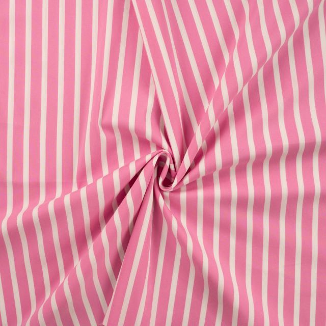 Tissu Coton Stretch rayé Rayures Blanche sur fond Rose bonbon
