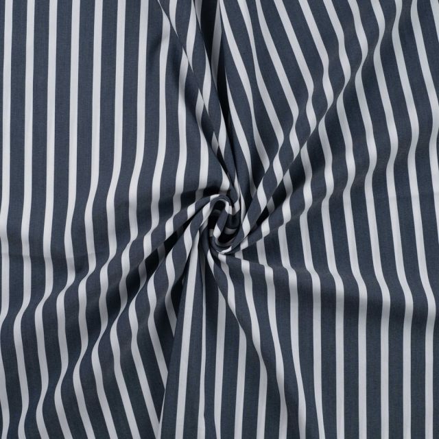 Tissu Coton Stretch rayé Rayures Blanche sur fond Bleu marine