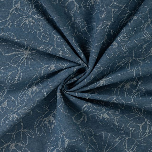 Tissu Jean Denim Fleurs sur fond Bleu denim