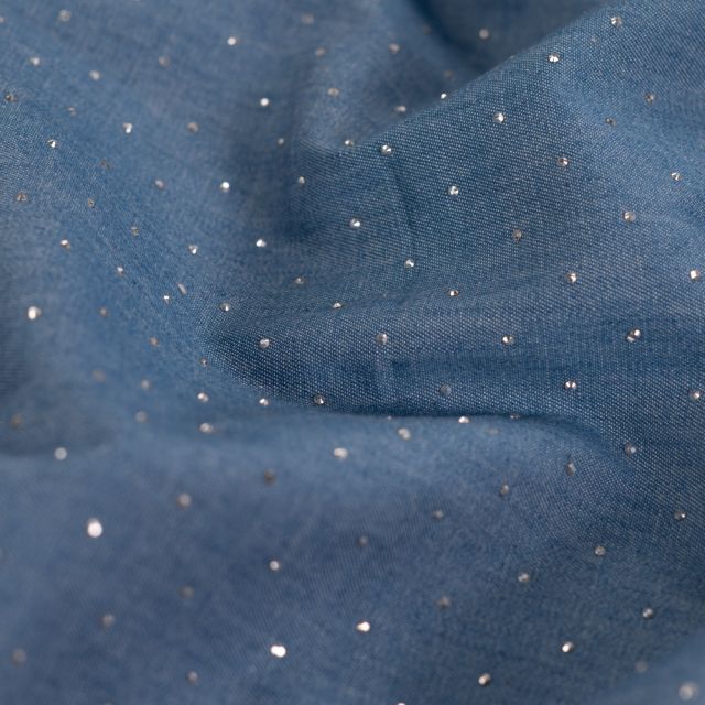 Tissu Chambray Coton Strass sur fond Bleu denim